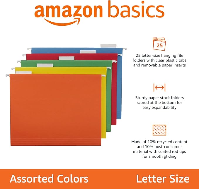 Amazon Basics Hanging Organizer File Folders for Efficient Filing, Assorted Colors, Letter Size (Pack of 25)-DeskLoop Office