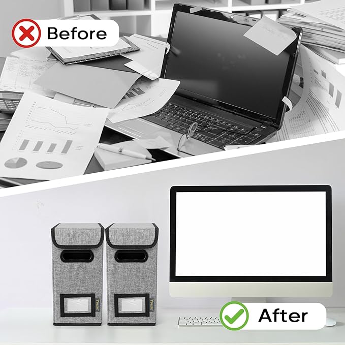 BALEINE File Organizer Box with Lid, Collapsible File Folder Organizer with Plastic Slide, Hanging File Folder Box for Office Document Storage (1 Pack, Grey, S)-DeskLoop Office