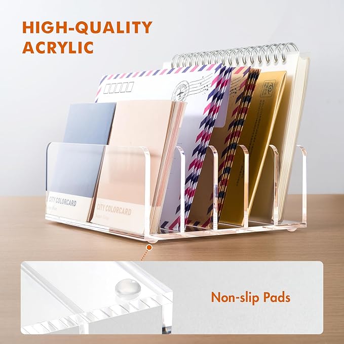 BEYGORM Acrylic Mail Holder, Clear Multifunction Desk Organizer with Divider, Vertical Letter Sorter for Desktop, 5 Compartments Modern Office Home Envelope Organizer for Bill, Document, Notebook-DeskLoop Office