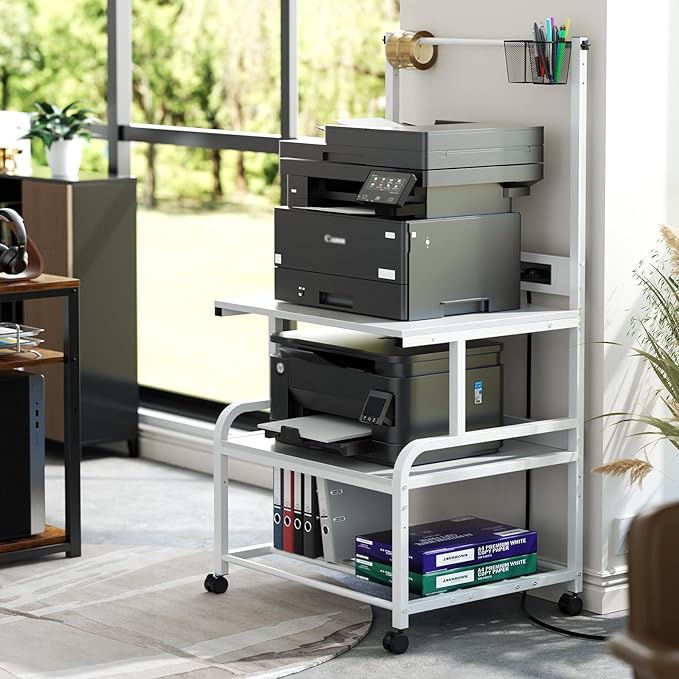 Homieasy Printer Stand with Charging Station, 29.1" x 22.8" Large 3D Printer Table with Filament Storage, Heavy Duty Rolling Printer Cart with 4-Tier Storage for Workshop/Office/Garage, White-DeskLoop Office