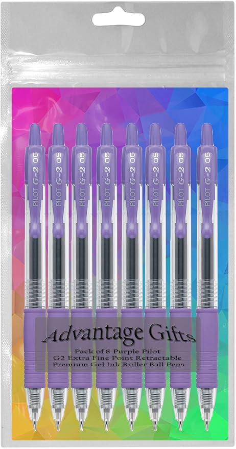 G2 Retractable Premium Gel Ink Roller Ball Pens Extra Fine Point (.5mm) Purple Ink 8 pack; Refillable & Premium Comfort Grip Bundle with Plastic Reusable Pouch