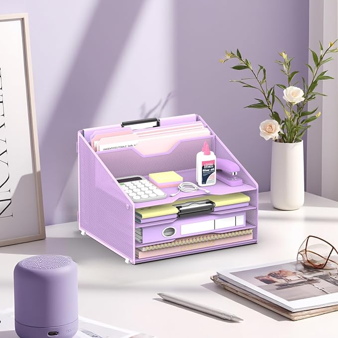 Desk File Organizer, 4 Letter Trays and 2 Upright Sections, school and - Image 7