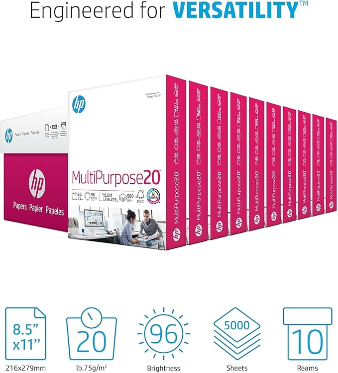 HP Printer Paper | 8.5 x 11 Paper | MultiPurpose 20 lb | 10 Ream Case - 5000 Sheets | 96 Bright | Made in USA - FSC Certified | 112000PC-DeskLoop Office