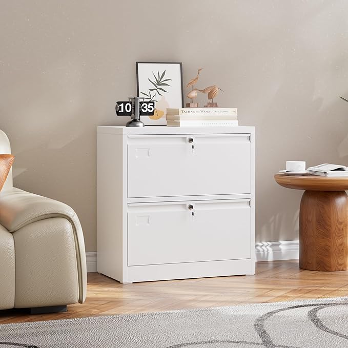2 Drawer Lateral File Cabinet, Metal Wide Filing Cabinet with Independent Locks, Home Office Furniture for Hanging Files Letter/Legal/F4/A4 Size, Assembly Required, White-DeskLoop Office