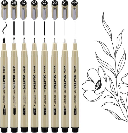 Micron 8 Counts Fineliner Pens - Archival Black Ink Pen - Assorted Points Sizes 0.05mm to 2mm Ultra Fine Tips & Brush Pens for Writing, Drawing, or Bullet Journaling (8 Point Sizes)-DeskLoop Office