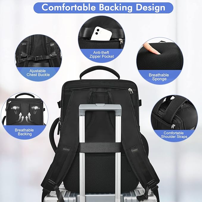 Large Carry-on Backpack for Men Women, Travel Backpack Flight Approved, Personal Item Backpack Bag on Airplanes, Black Backpacks for Traveling, Travel Essentials Must Haves