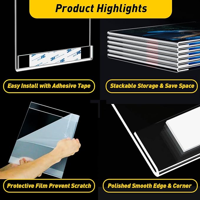 12 Pcs Acrylic Sign Holder 5 x 7, Vertical Wall Mount Sign Holders with 3M Adhesive, Clear Plastic Frames Paper Display Sign Holders for Office, Home, Store, Restaurant - No Drilling