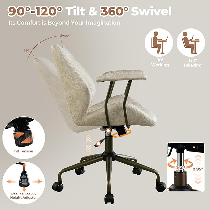 ovios Ergonomic Home Office Chair, Mid-Century Modern Faux Leather Chairs with Padded Armrests, Comfy Mid Back Swivel Rolling Executive Computer Armchair (Beige, Suede Leather)-DeskLoop Office
