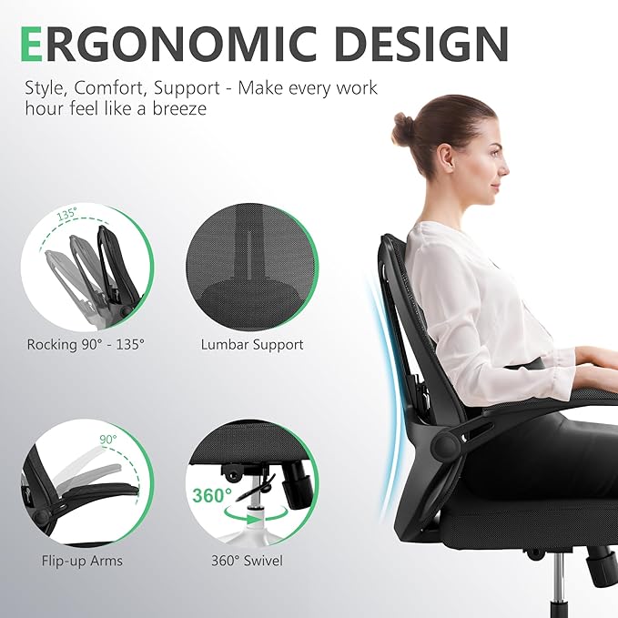 Executive Office Chair, Ergonomic Comfort Home Desk Chair, Mid Back Gaming Chair with Wheels, Adjustable Height, Lumbar Support, Flip-up Armrest with 350LBS Capacity-DeskLoop Office