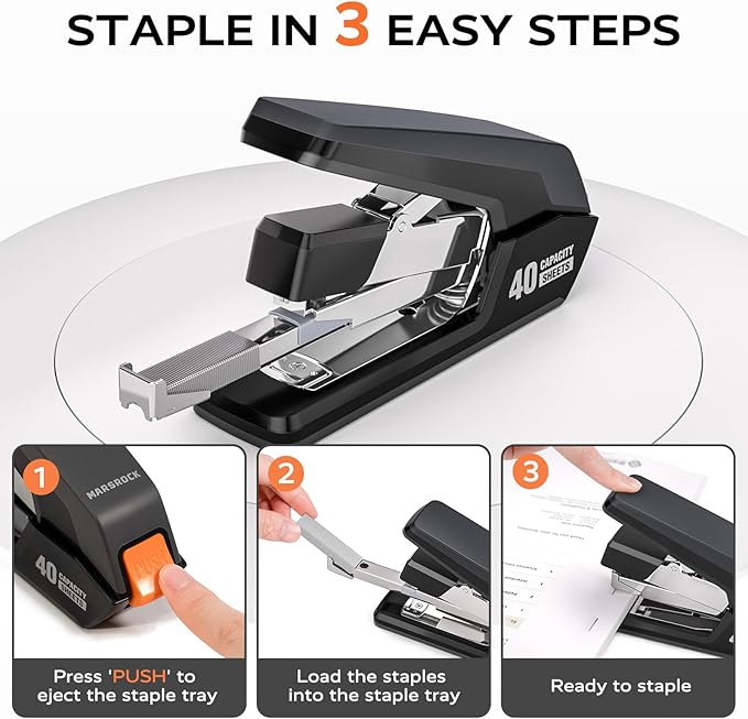 Effortless Stapler for Desk with 40-50 Sheet Capacity, 2000 Staples, 1-Touch Stapling, Ergonomic & Easy to Load Desktop Staplers, Heavy Duty Stapler, and Magnetic Staple Remover, Black-DeskLoop Office