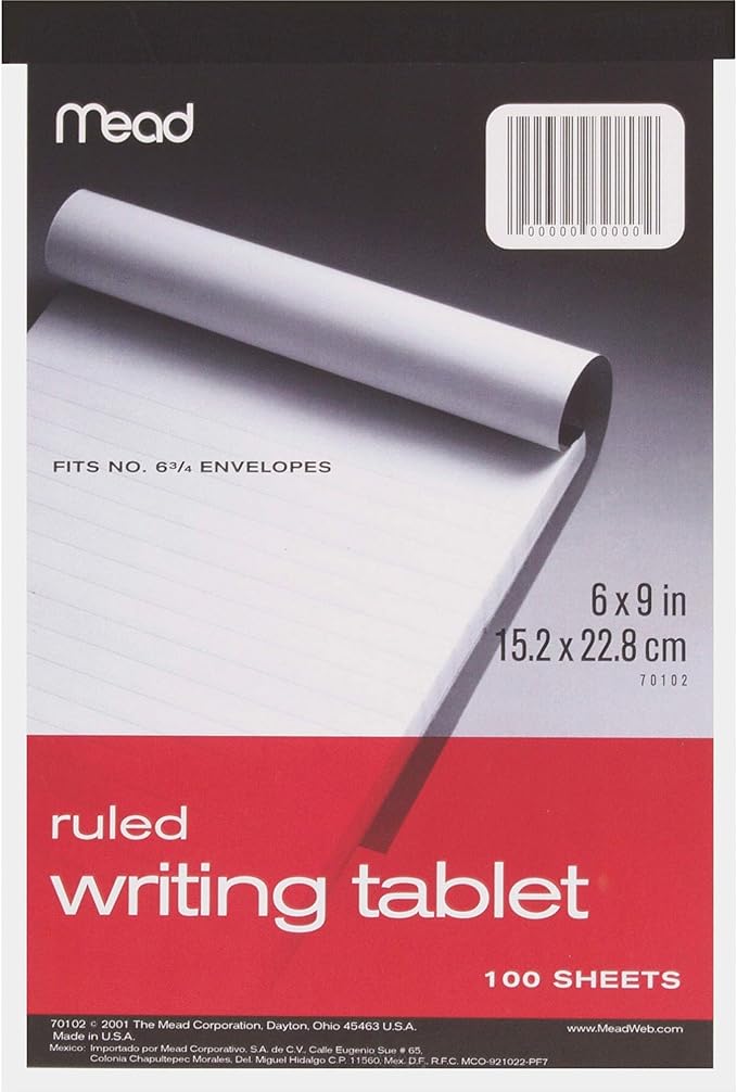 Mead 6 x 9 Inch 100-Sheet White Ruled Writing Tablet Notepad by Mead