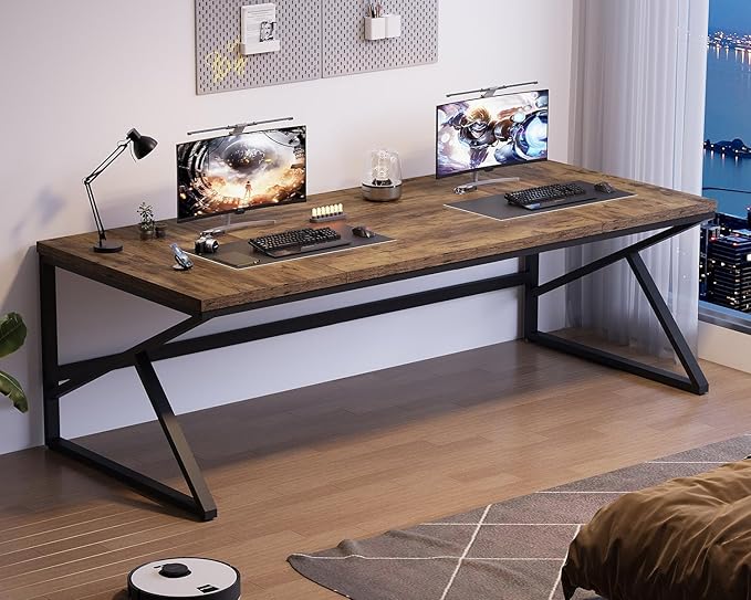HSH Large Rustic Brown Computer Desk, 78 Inch Extra Long Metal Wood Desk for Home Office, Two Person Executive Writing Study Gaming Desk Table, Bedroom Living Room PC Laptop Dual Monitor Desk-DeskLoop Office