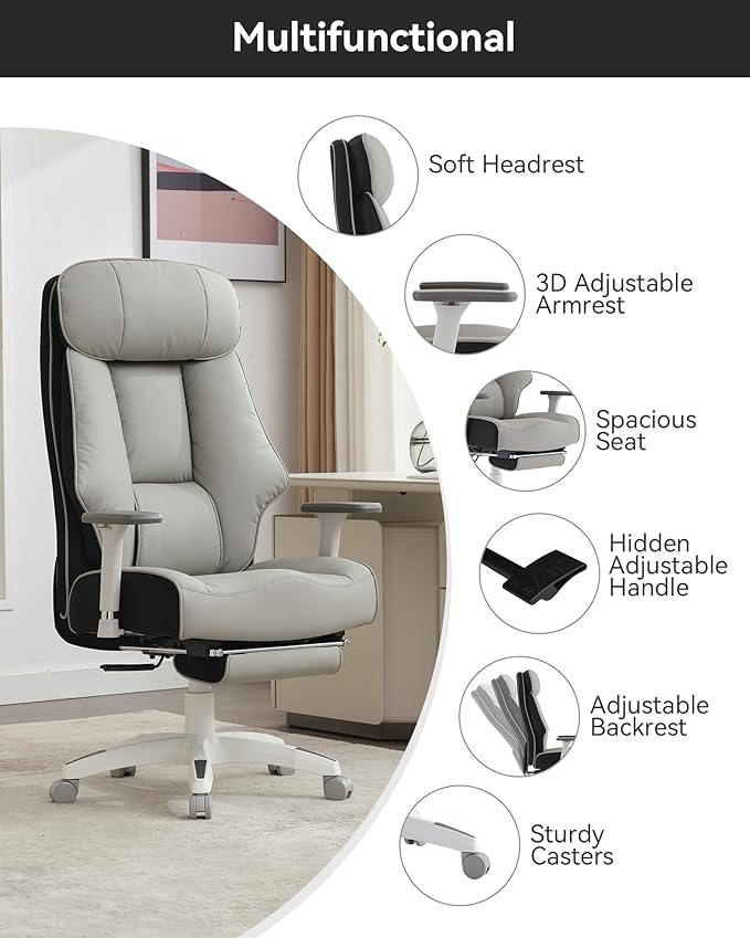 DJ·Wang Big and Tall Office Chair 400lbs with Foot Rest, High Back Executive Office Chair with Extra-Thick Spring Cushion, Ergonomic Leather Chairs Gray-DeskLoop Office