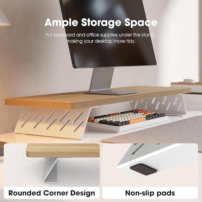 Fenge Monitor Stand Riser, Desk Top Shelf for 2 Monitors, Computer Stands for Desk, Wood & Steel Desktop Riser for Laptop, PC, Printer-DeskLoop Office