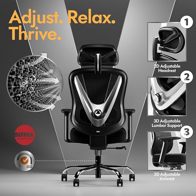 Ergonomic Mesh Office Chair - 3D Adjustable Lumbar Support & 3D Armrests, V-Shaped Back, Adjustable Desk Chair for Office & Home, Black-DeskLoop Office