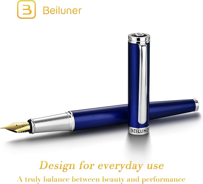 BEILUNER Luxury Fountain Pen Set,Solid 24K Gilded Fine Nib, Modern Classic Limited Edition -Includes 6 Ink Cartridges&Ink Refill Converter with Gift Case-Perfect for Men and Women(Charming blue)