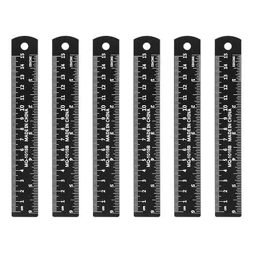 HARFINGTON 6pcs Metal Straight Ruler 15cm Metric SAE Aluminum Alloy Measuring Rulers Scale Tool with Hole for Measure Study Reading Classroom Office, Black-DeskLoop Office