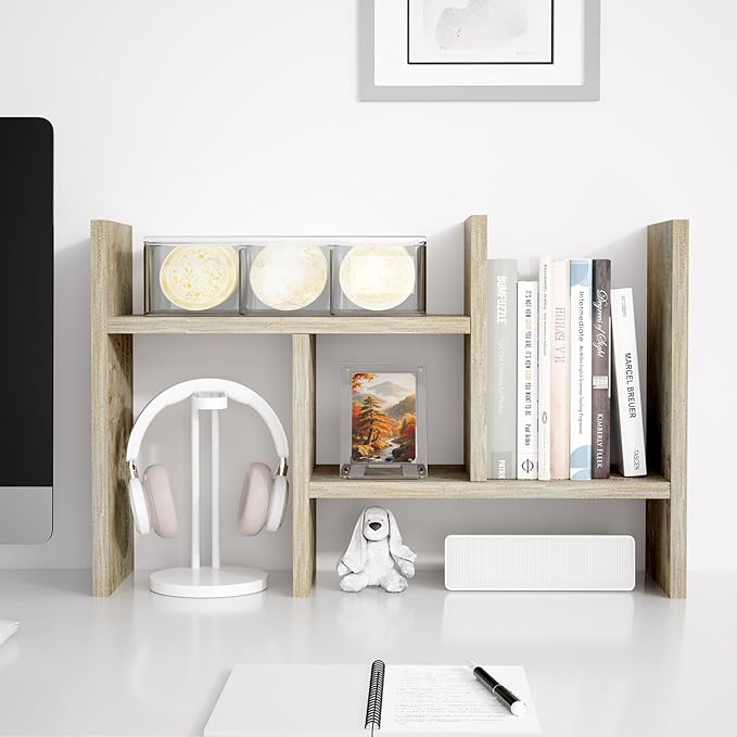 Jerry & Maggie Desktop Organizer Office Storage Rack Adjustable Wood Display Shelf Free Style Double H, Multi-Functional Mini Bookshelf for Desk Natural Stand (Gray Oak)-DeskLoop Office