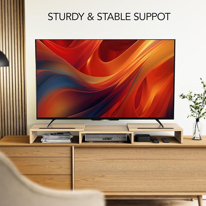 AMERIERGO Dual Monitor Stand Riser- 3 Shelf Screen Stand with Adjustable Length and Angle, 2 Extra Functional Slot Desktop Organizer Stand for PC, Computer, Laptop (Light Wood)-DeskLoop Office