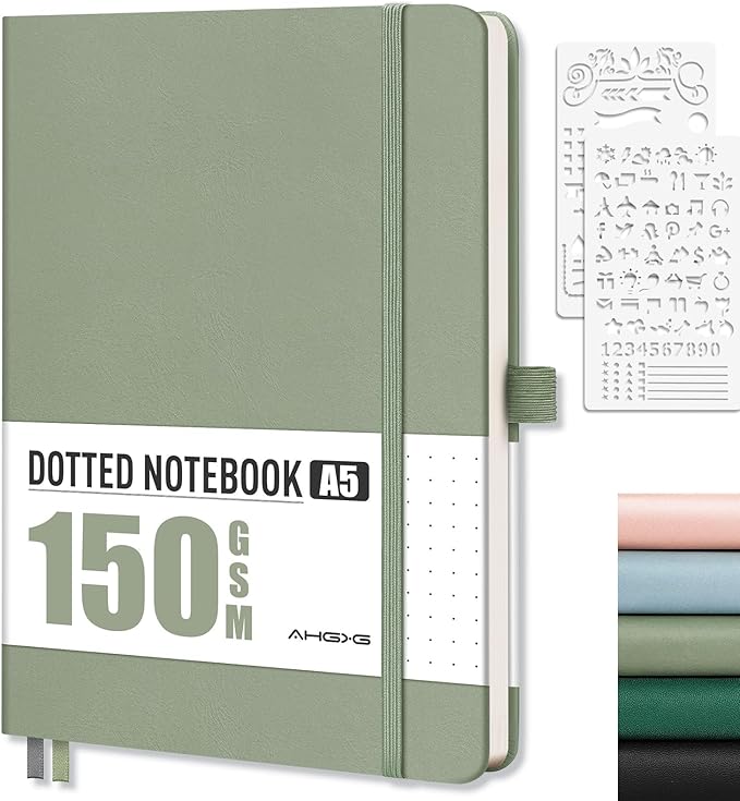 AHGXG Bullet Dotted Journal - 150 GSM Dot Grid Notebook Journal, Thick Acid-Free Paper, A5 Dotted Notebook 128 Pages, Leather Hardcover, Inner Pocket, Journal Stencil, 5.7'' × 8.3'' - Sage Green-DeskLoop Office