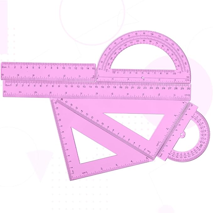 Tenare 6 Pcs Plastic Ruler Math Set Includes 12 Inch 6 Inch Straight Protractor Triangle Geometry Transparent Math Ruler Measuring Tools for School Office Home(Pink)-DeskLoop Office