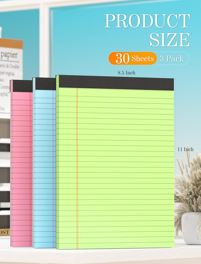 Legal Pads 8.5 x 11 Colored Note Pads 8.5 x 11, 3 Pack Notepads 8.5 x 11, Pink Notepad 8.5 x 11 Legal Pad, Notebook Paper 8.5 x 11 for Home Office Supplies, Lined Paper Pads 8 1/2 x 11, 30 Sheets/Pad-DeskLoop Office