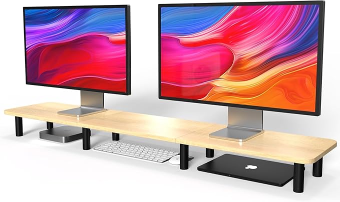 Large Extra Long Monitor Stand Riser 43.7in,Dual Monitor Riser, Wide TV Stand for 2 Monitors, Wood & Steel Leg Adjustable Height Desktop Riser, Home Office Organization. (Natural)-DeskLoop Office