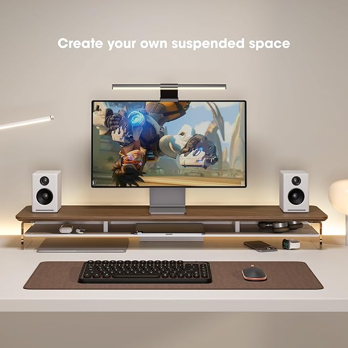 Fenge Acrylic Monitor Stand Riser, 42.5 Inches Dual Monitor Stand with Metal Storage, 2 Tier Acrylic Computer Riser for Desk, Clear Laptop Stand for PC, Laptop, Printer, TV, Brown-DeskLoop Office