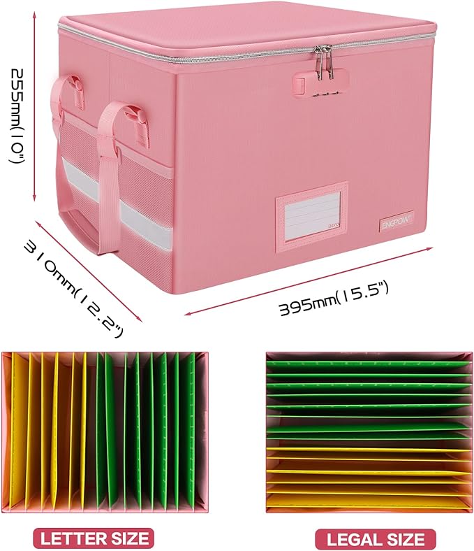 ENGPOW File Box with Lock, Fireproof Document Box with Pockets, Collapsible File Organizer Filing Storage Cabinet with Handle, Portable Home Office Safe for Hanging Letter/Legal Folders, Pink, 2 Pack-DeskLoop Office