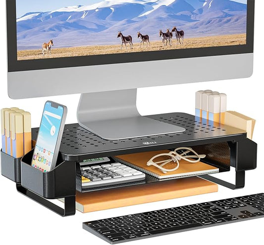 WALI Monitor Stand with Storage, Monitor Riser with Ventilation Drawer and Side Storage, Laptop Stand Riser for Desk, Printer Stands, (STT007), Black-DeskLoop Office