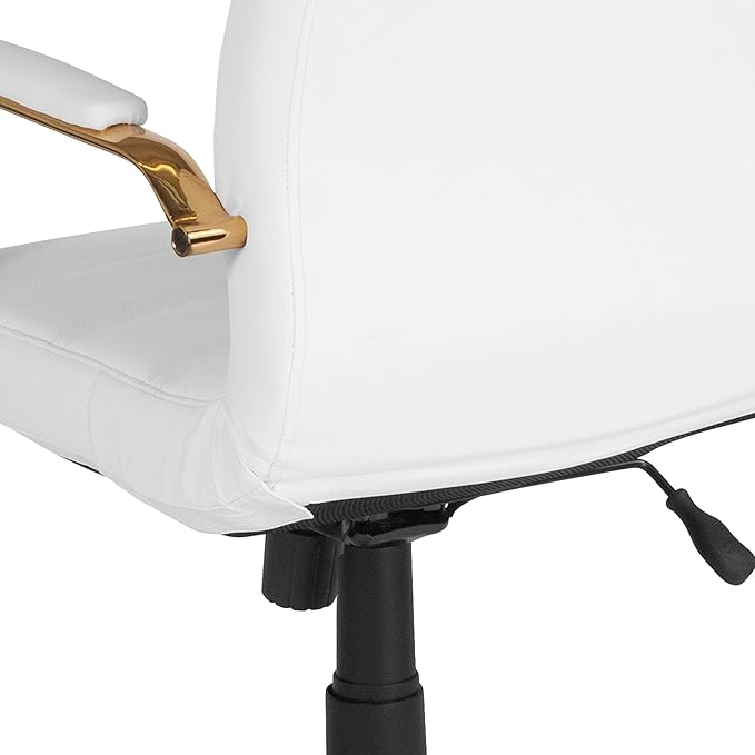 Flash Furniture Whitney Mid-Back Swivel LeatherSoft Desk Chair with Padded Seat and Armrests, Adjustable Height Padded Office Chair, White/Gold-DeskLoop Office