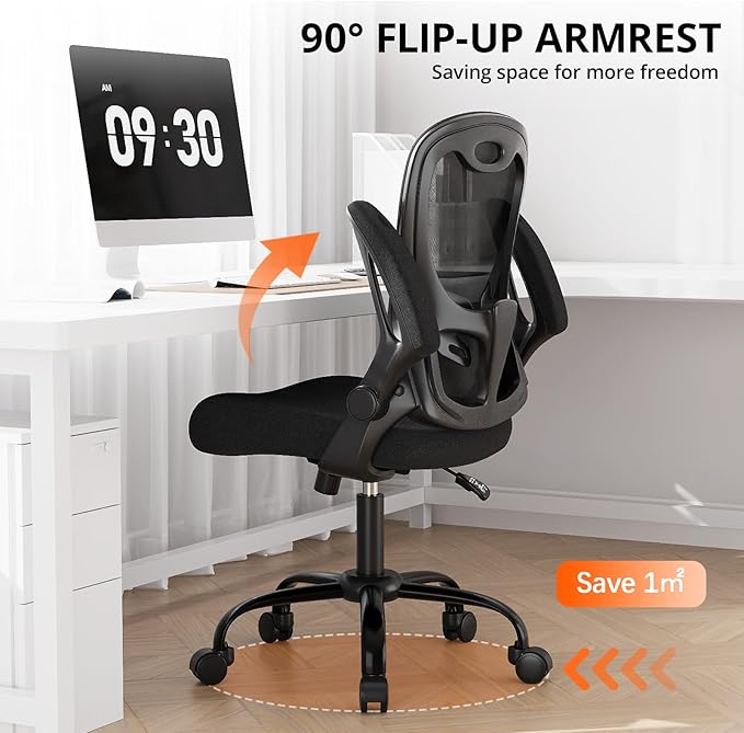 Office Chair, Ergonomic Desk Chair Breathable Mesh Chair with Adjustable High Back Lumbar Support Flip-up Armrests, Long Hours Comfortable Computer Chair for Home Office, Black-DeskLoop Office