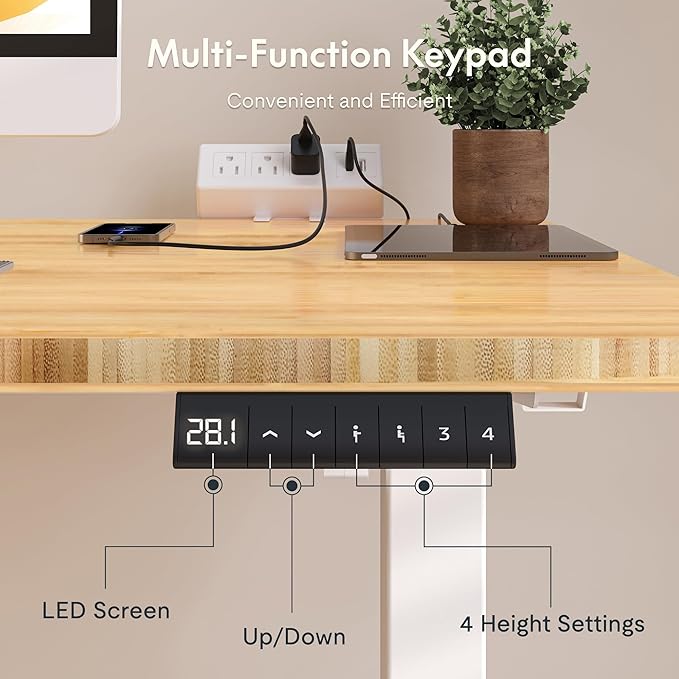 FLEXISPOT EN2 Whole-Piece Bamboo Standing Desk with Clamp Power Strip, 48 x 24 Electric Stand Up Height Adjustable Desk with Cable Management (White Frame + 48" Bamboo Top, 2 Packages)-DeskLoop Office