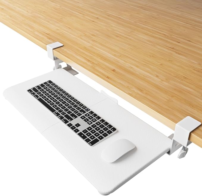 Large Keyboard Tray Under Desk Slide Out with Extra Sturdy C Clamp Mount System,26'' (30'' including Clamps) x11 Slide-Out Keyboard Drawer Under Desk for Typing,Keyboard Mouse Tray,White-DeskLoop Office