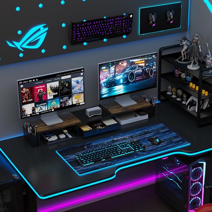 gianotter Dual Monitor Stand Riser, Desk Organizer With Drawer and 2 Pen Holders,Computer Monitor Stand, Desk Shelf for Top of Desk, Wood-DeskLoop Office