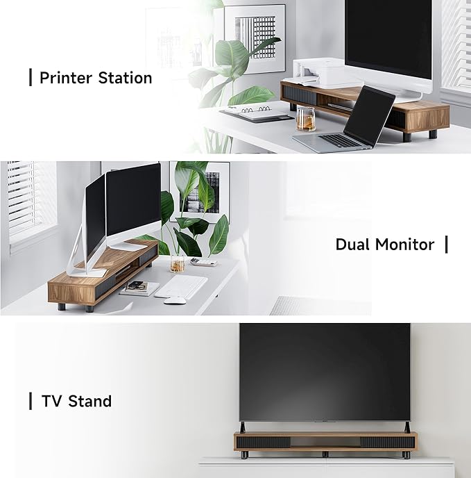 Fenge Dual Monitor Stand, 42.5inch Long Monitor Stands Riser for 2 Monitors, Sliding Door with Storage Organizer Stand for Desk, 2 Tier Desk Shelf for Laptop, Pc, Printer, Computer, TV-DeskLoop Office