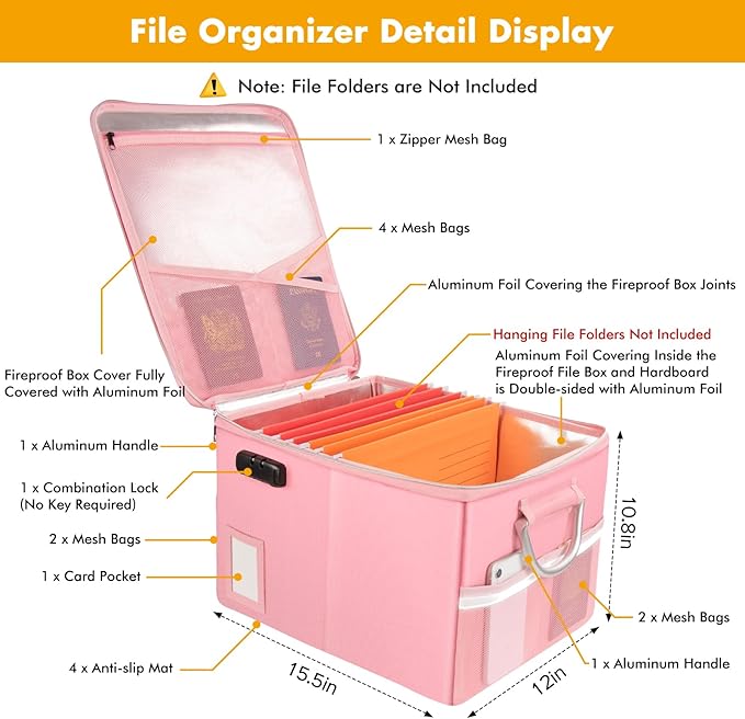TOMKID 5200°F Fireproof Document Box, Fire Important Document Organizer with Lock, Upgraded Heat Insulated Filing Storage Cabinet Office Organization (5200°F Fireproof Box, Pink)-DeskLoop Office