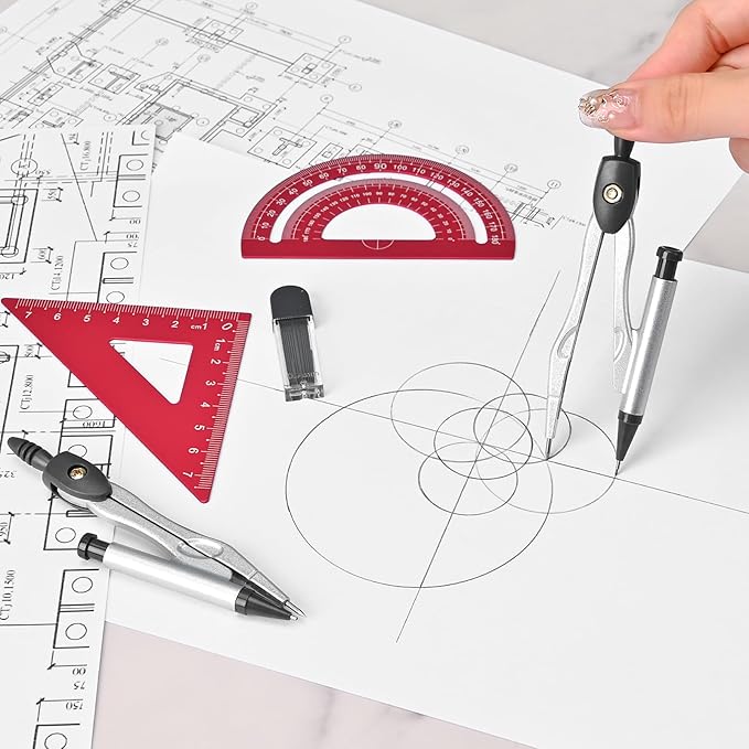 6 Pcs Metal Geometry Set, Math Geometry Kit, Metal Ruler Set and Compass Geometry Tool, Rulers Protractor and Compass Set for Student School and Drawings Supplies (Red)-DeskLoop Office