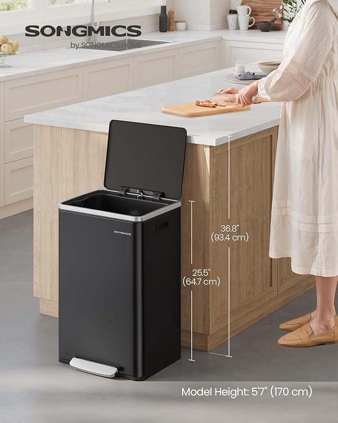 SONGMICS Trash Can, 13-Gallon Gabbage Can, with 15 Trash Bags, Steel, with Soft-Close Lid, Removable Inner Bucket, Handles, Ink Black ULTB595B01V1-DeskLoop Office