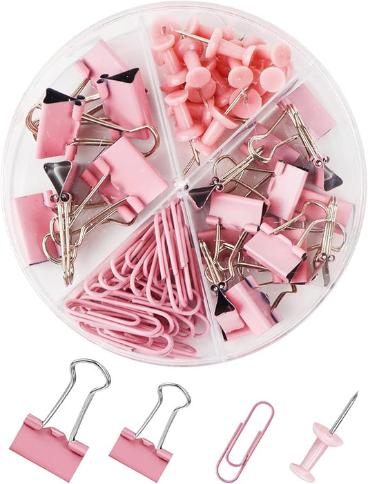 Paper Clips and Binder Clips Set, Metal Assorted Sized Binders with Push Pins, Cute Office Supplies for Desk, Desk Accessories (Pink)-DeskLoop Office