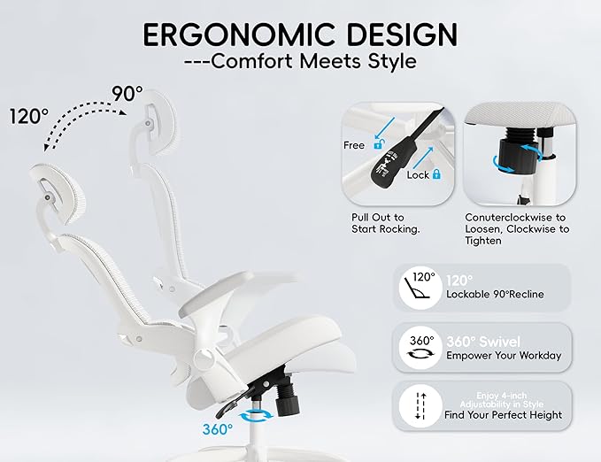 TRALT Office Chair - Ergonomic Office Chair with Back Support, Computer Chair - Home Office Desk Chairs, 330lbs Wide Seat Big and Tall Office Chairs with Headrest, Comfy Desk Chairs (White)-DeskLoop Office