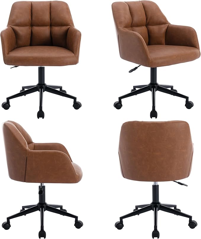 VESCASA Adjustable Home Office Desk Chair with Comfy Square Tufted Mid-Back, Faux Leather 360 Swivel Upholstered Task Armchair with Wheels for Teens Bedroom/Living Room, Brown-DeskLoop Office