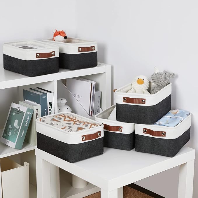 DULLEMELO Small Storage Baskets 6 Pack, Fabric Collapsible Gift Storage Baskets for Shelves, Closets, Nursery, Home, Office Organizing,Small Canvas Linen Rectangular Storage Bins (White&Black)-DeskLoop Office