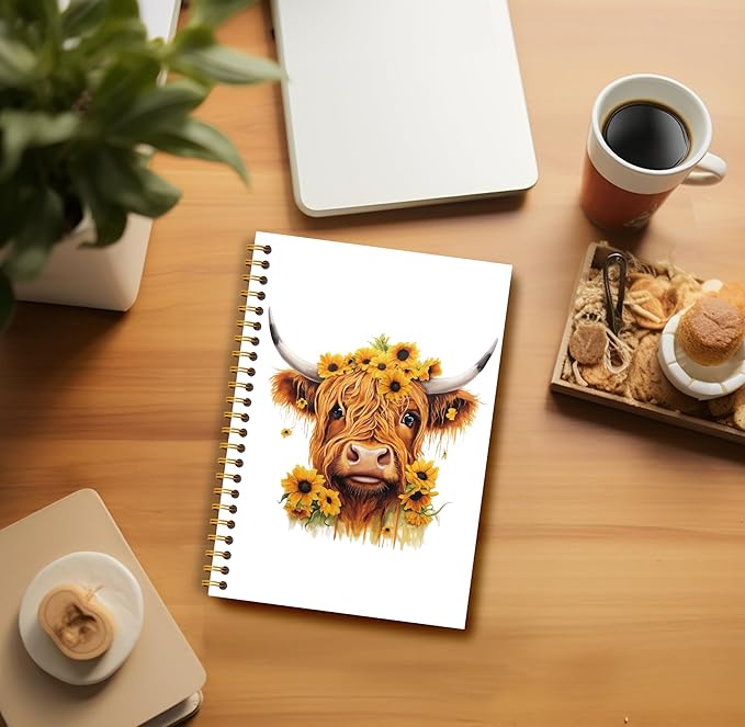 Sunflower Highland Cow Notebook - Western Notebook, Cow Notebook, Highland Cow Office Supplies, Highland Cow Gifts, Cow Stuff, Farmhouse Highland Cows Spiral Notebook 5.5x8.3-DeskLoop Office