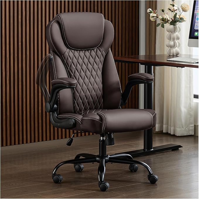 Office Chair, Executive Leather Chair Home Office Desk Chairs, Ergonomic Computer Desk Chair with Adjustable Flip-Up Arms, Lumbar Support Swivel Task Chair with Rocking Function (Brown)-DeskLoop Office