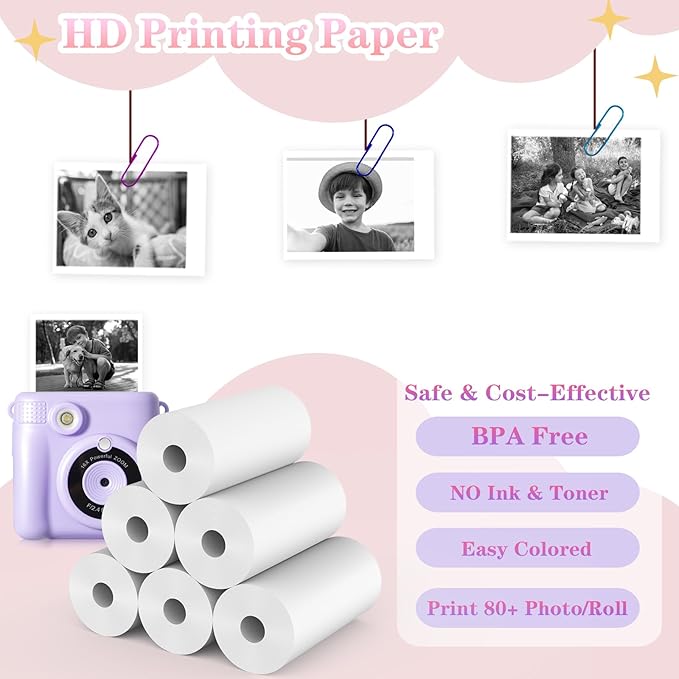 12 Rolls Kids Camera Instant Print Refill Paper Set, Phetium HD Printing Thermal Paper for Most Kids Instant Camera Photo Print (White-12 Rolls)