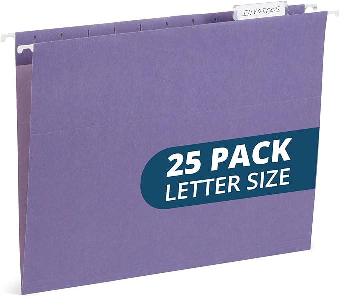 25 Blue Summit Supplies Purple Hanging File Folders - Letter Size, Durable 11pt Paper, Hanging File Folders, Purple, with Plastic Tabs and Inserts Included-DeskLoop Office