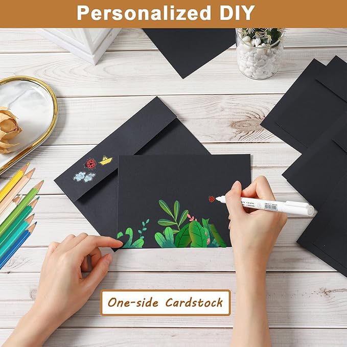 100 Packs Black Blank Greeting Cards and Envelopes 5 x 7 Heavyweight Single Panel Cardstock and A7 Envelopes Self Seal for DIY Wedding Invitations, Party, Thankgiving Cards, Baby Shower