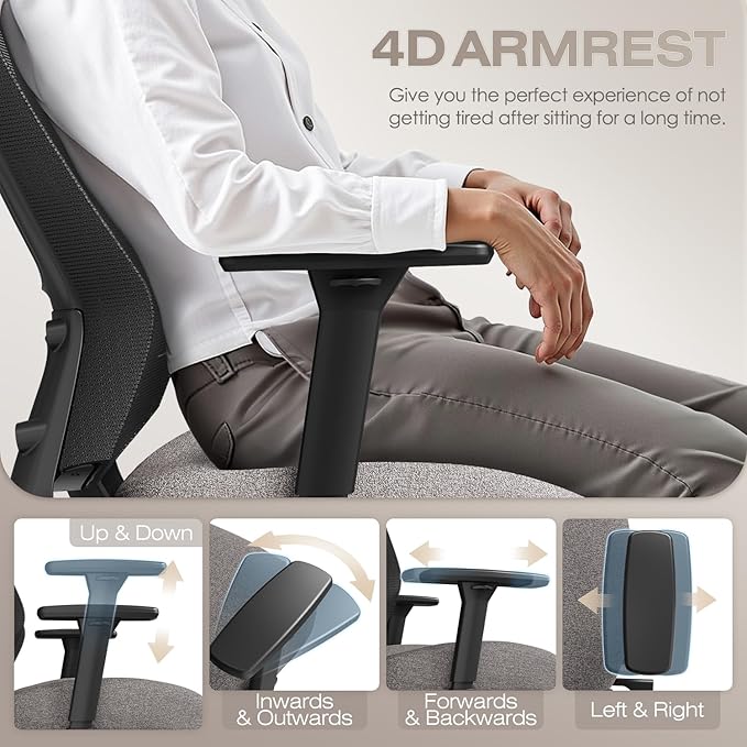 T96C Ergonomic Home Office Chair, Mesh Computer Desk Chair with 4D Armrests, Adjustable Lumbar Support,Tilt Function, Executive Rolling Swivel Task Chair for Long Hours (Stone)-DeskLoop Office