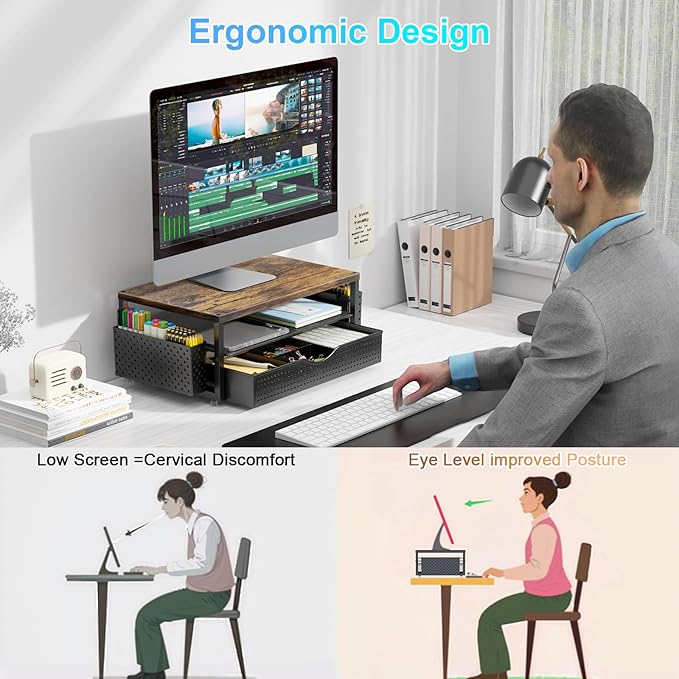 gianotter Wood Monitor Stand Riser, Office Desk Shelf Organizer, Desk Organizer with Drawer and Pen Holder, 2-Tier Computer Stand, Office Organization (Wood)-DeskLoop Office